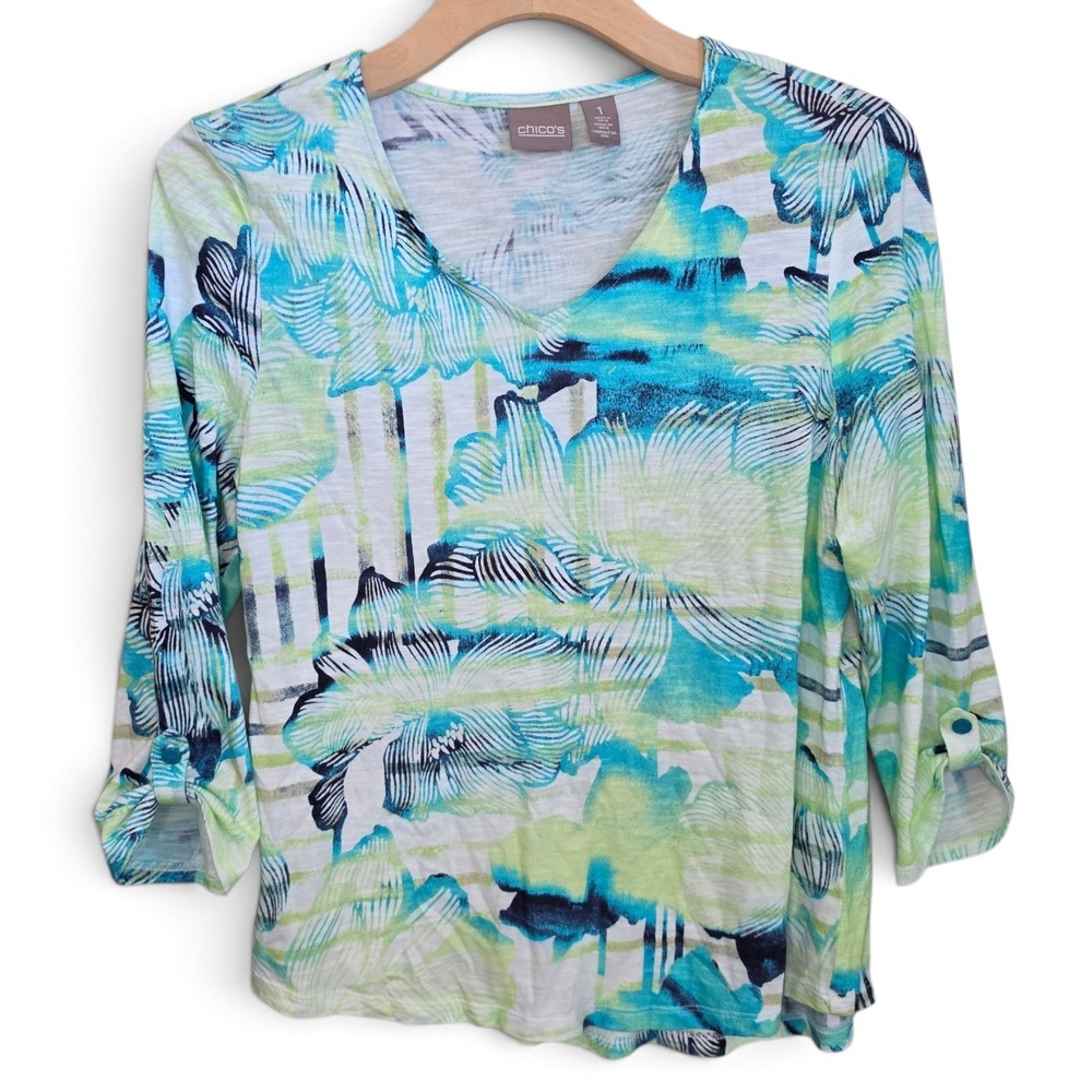 Chicos Top Womens 1 M 8/10 Blue Green Floral Slub V Neck Roll Tab Sleeve